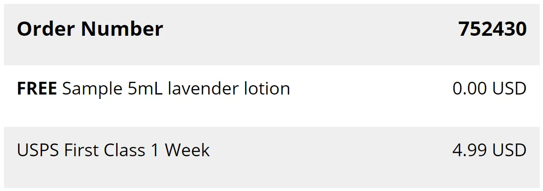 Example of a free sample item on an order.